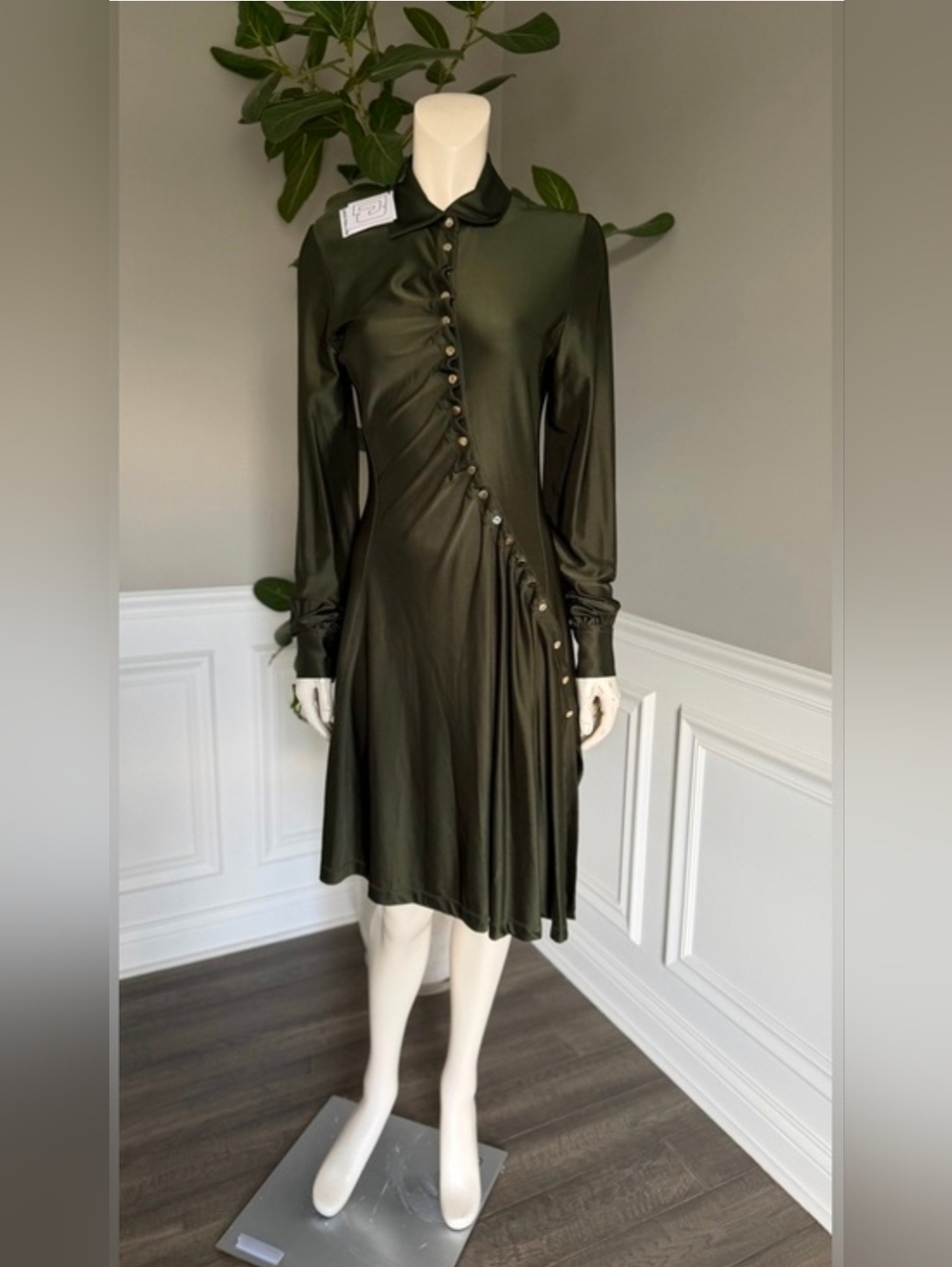 ✨️ Rabanne Button Embellished Draped Olive Green Long Sleeve Shirt Dress - Picture 9 of 15